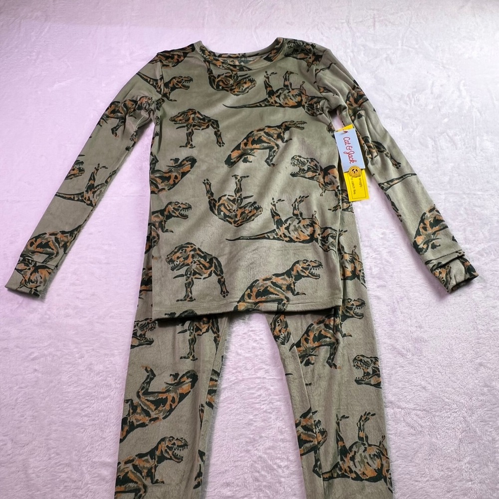 Cat & Jack Kids Olive Dinosaur T-Rex Snug Fit Pajama Set Size 14 NEW - Picture 2 of 8